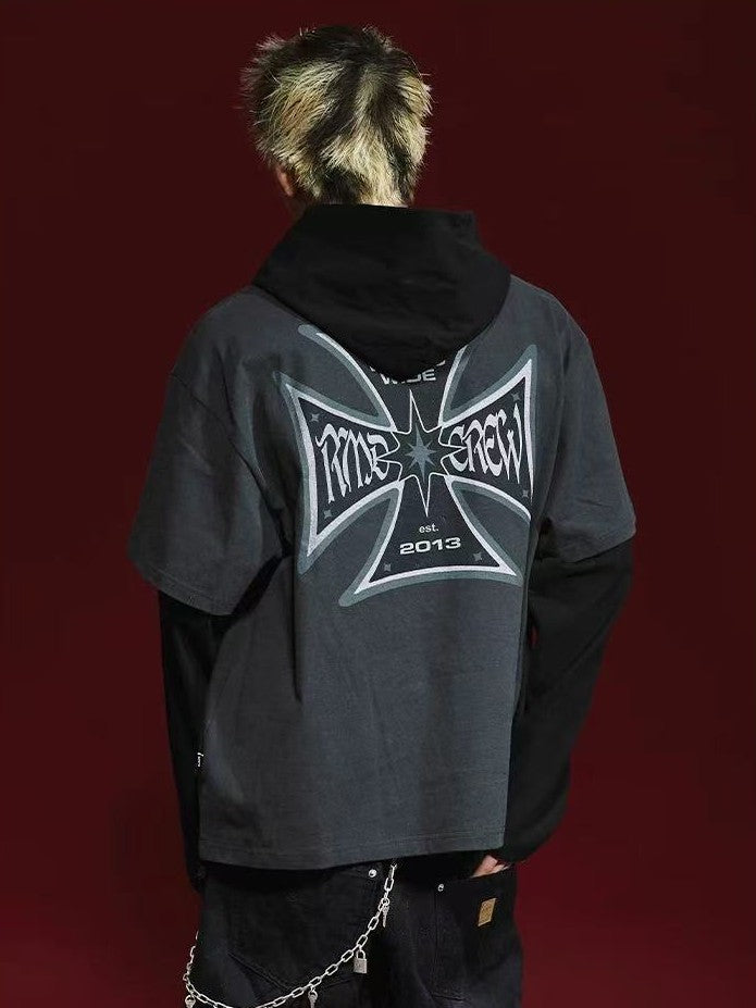 REMEDY Retro Fake Two-piece Hooded Long-sleeved T-shirt