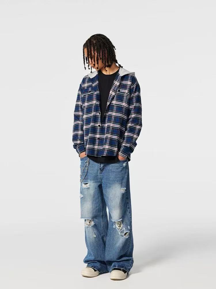 ACHOCK Contrast Blue Plaid Hooded Long-sleeve Shirt
