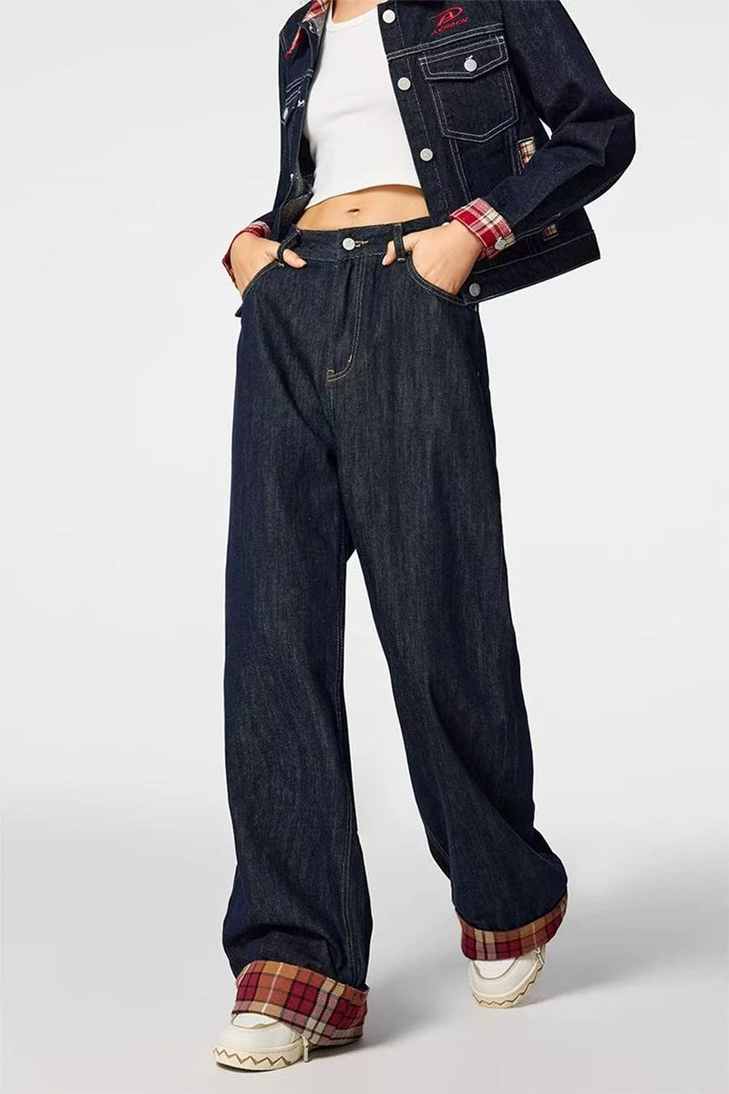 ACHOCK Plaid Patchwork Design Denim Jeans