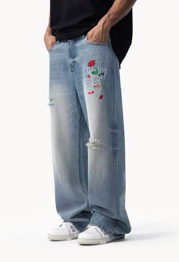 FDR Rose Embroidered Ripped Jeans