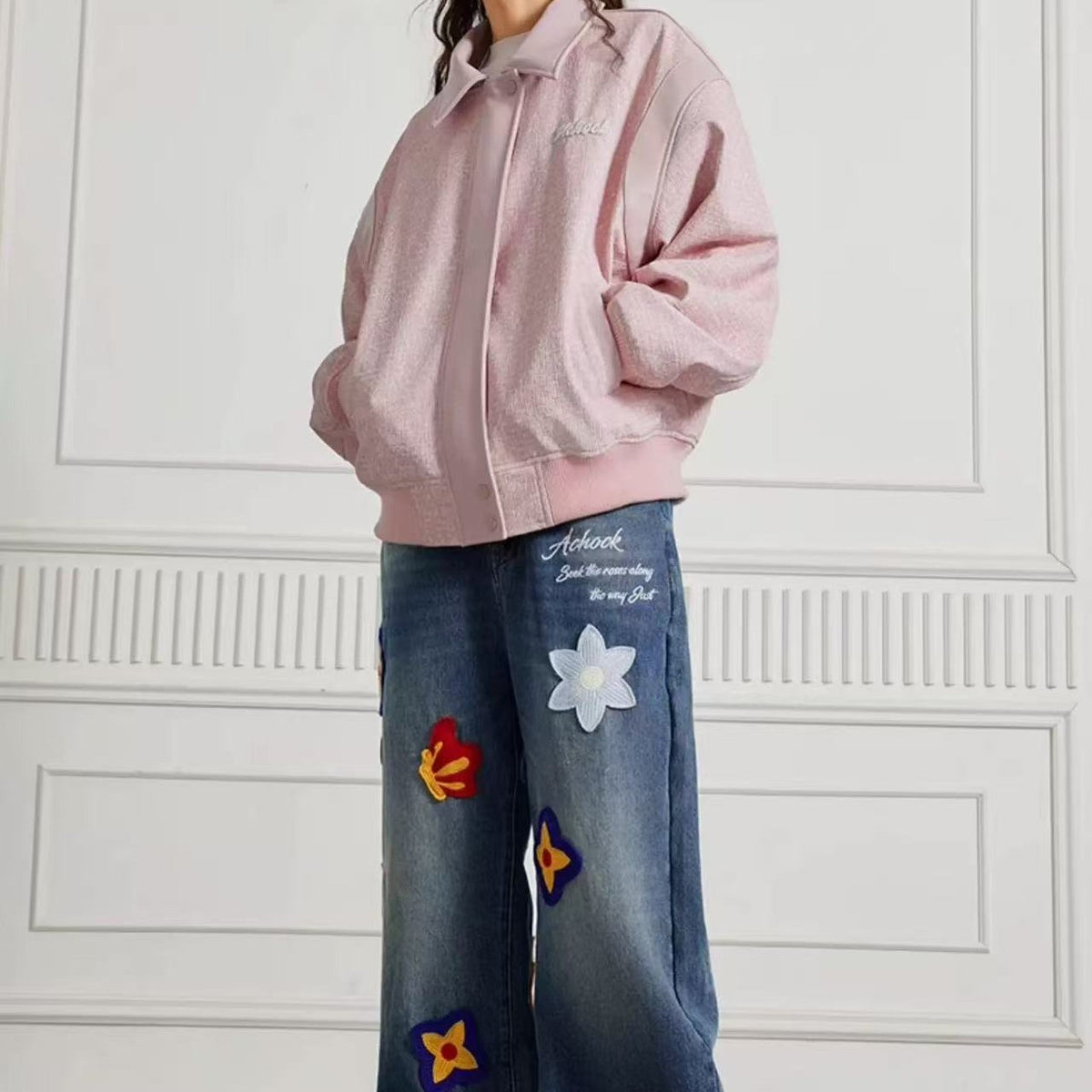 ACHOCK Creative Letter Petal Embroidered Jeans