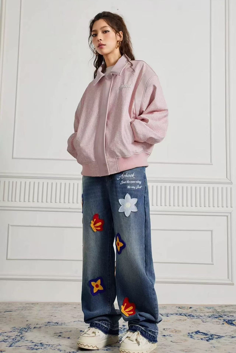 ACHOCK Creative Letter Petal Embroidered Jeans