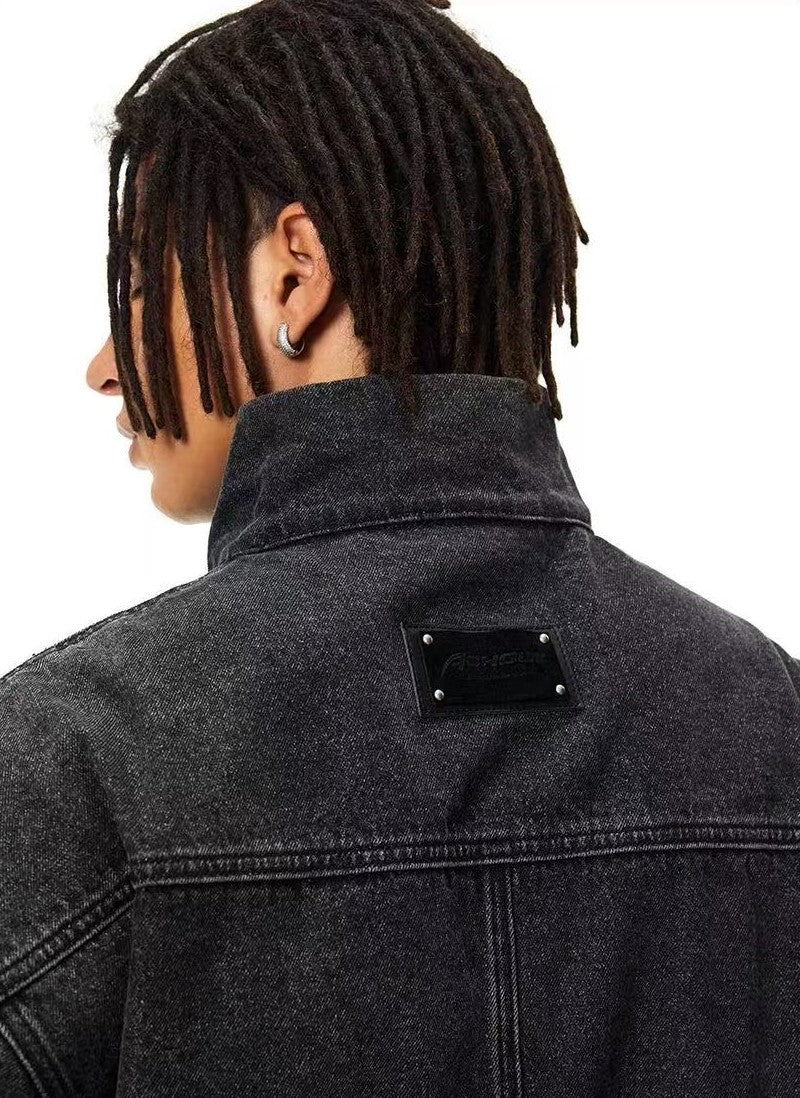 ACHOCK Street Wash Deconstructed Stand Collar Denim Jacket