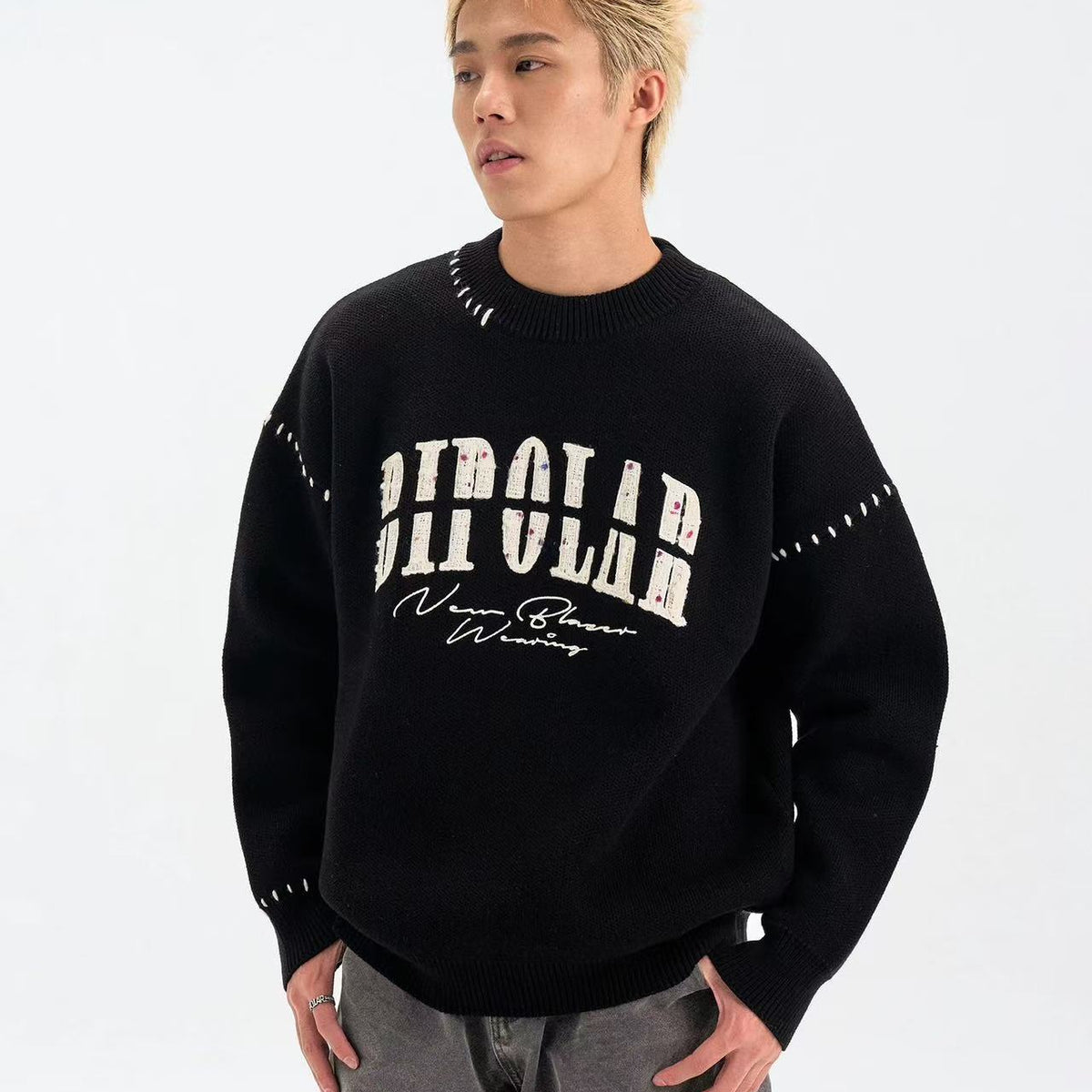 BIPOLAR Patch Embroidered Round Neck Pullover Sweater