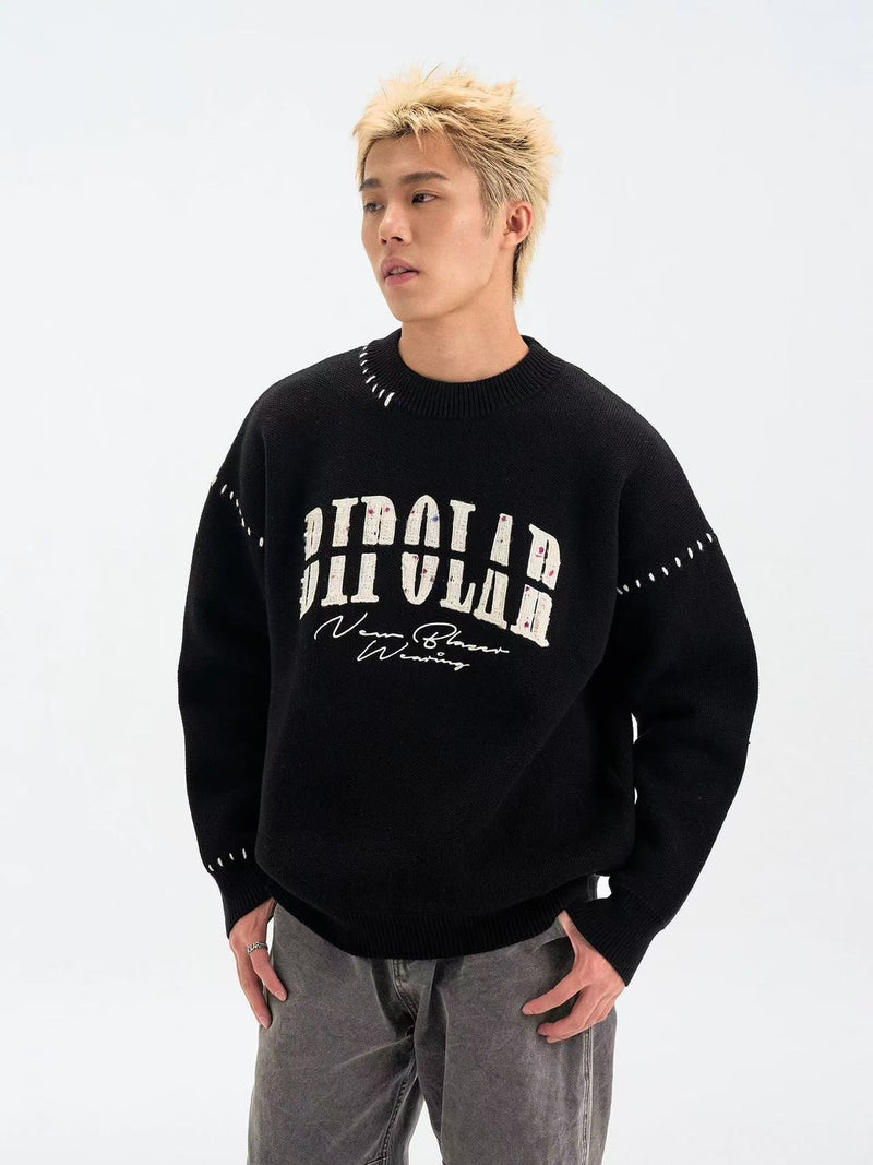 BIPOLAR Patch Embroidered Round Neck Pullover Sweater