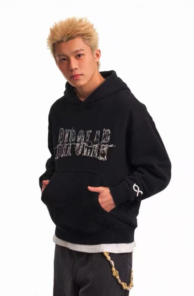 BIPOLAR Destroyed and Torn Creative Design Denim Patch Hoodie