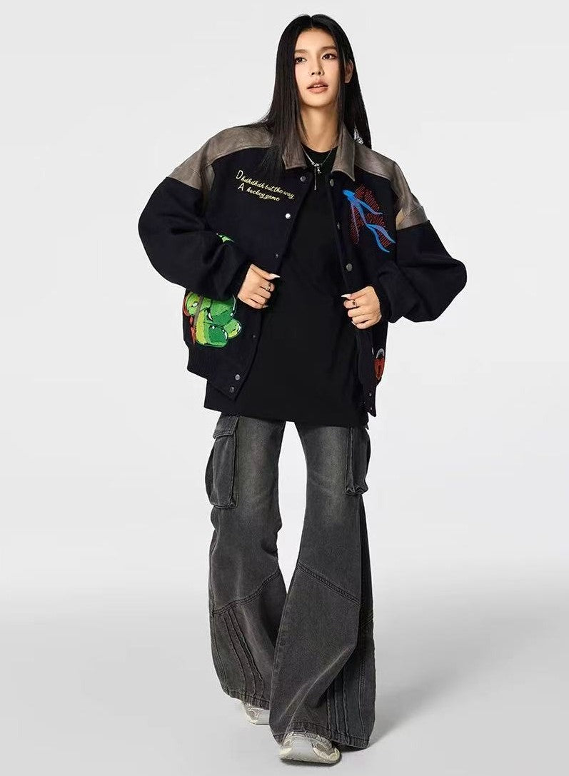 ACHOCK Heavy-duty Cartoon Embroidered Baseball Jacket