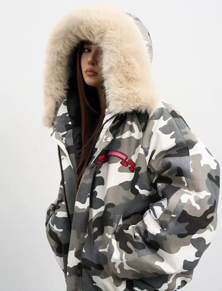 AFGK Camouflage Fur Collar Cotton Jacket
