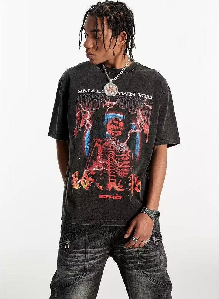 STK Washed Skull Print Crew Neck T-Shirt