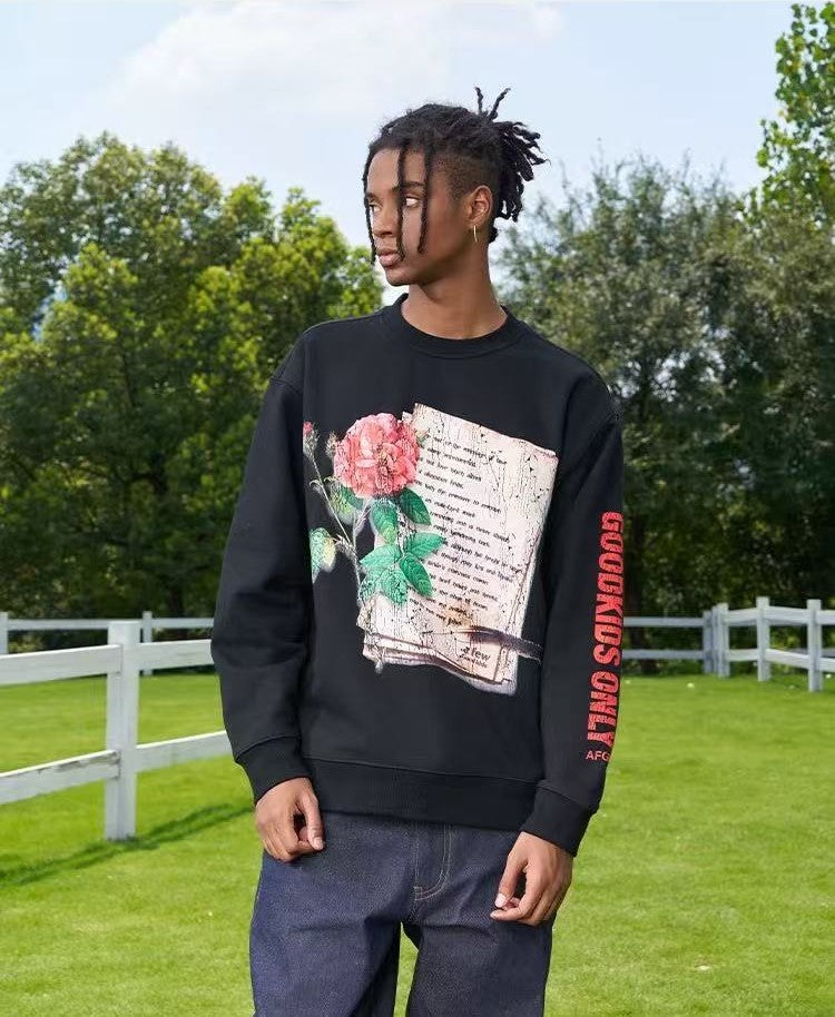 AFGK Flowers and Love Letters Thin Velvet Crew Neck Sweatshirt