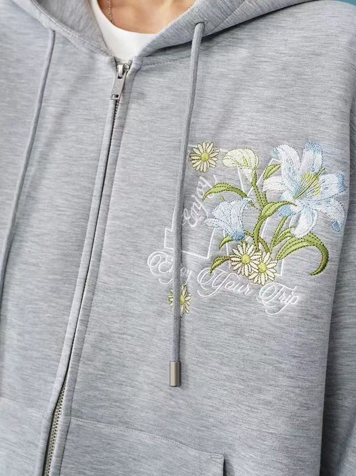 MEDM Floral Air Layer Embroidered Zip Hoodie