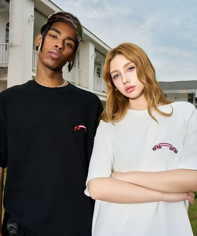 AFGK Waffle Ribbon Embroidered Short-sleeves T-shirt