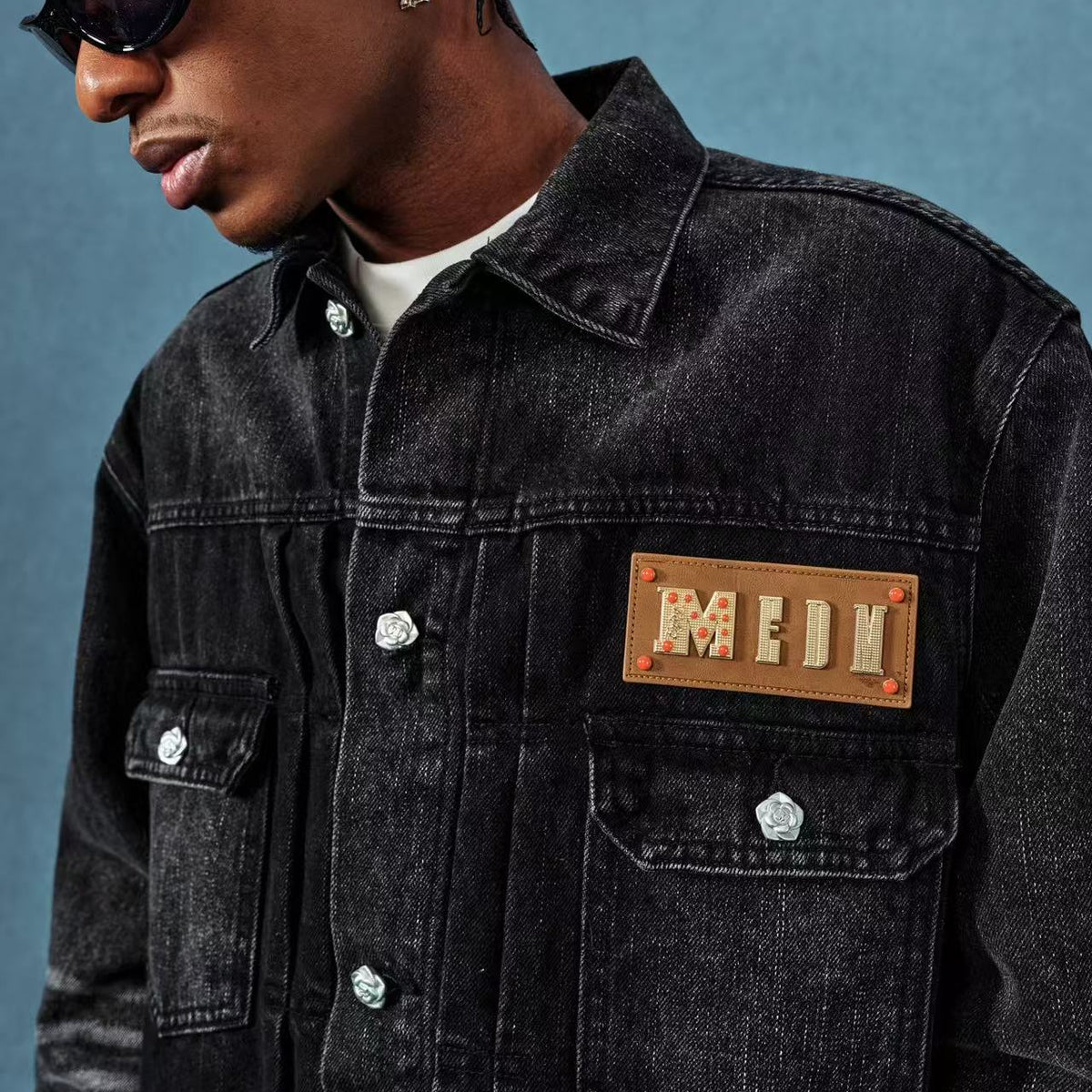 MEDM Leather Patch Distressed Washed Denim Jacket