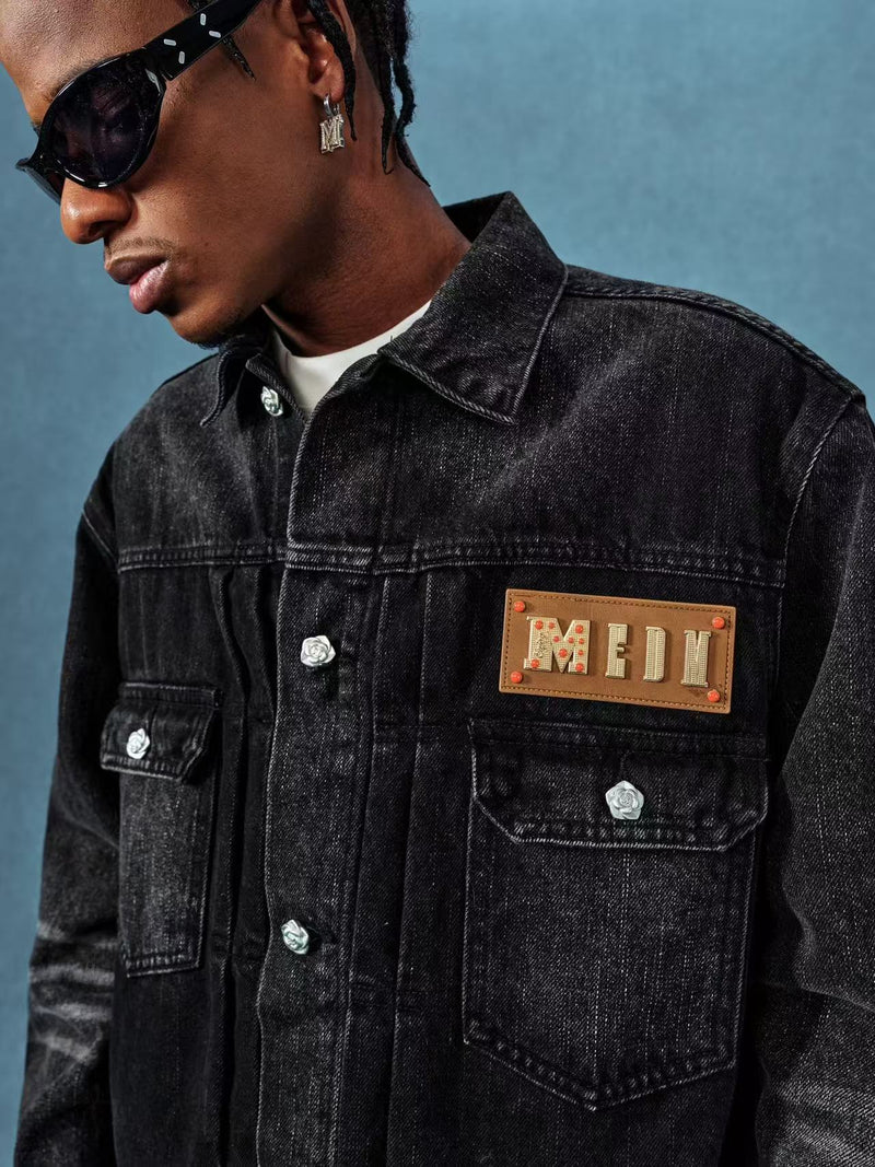 MEDM Leather Patch Distressed Washed Denim Jacket