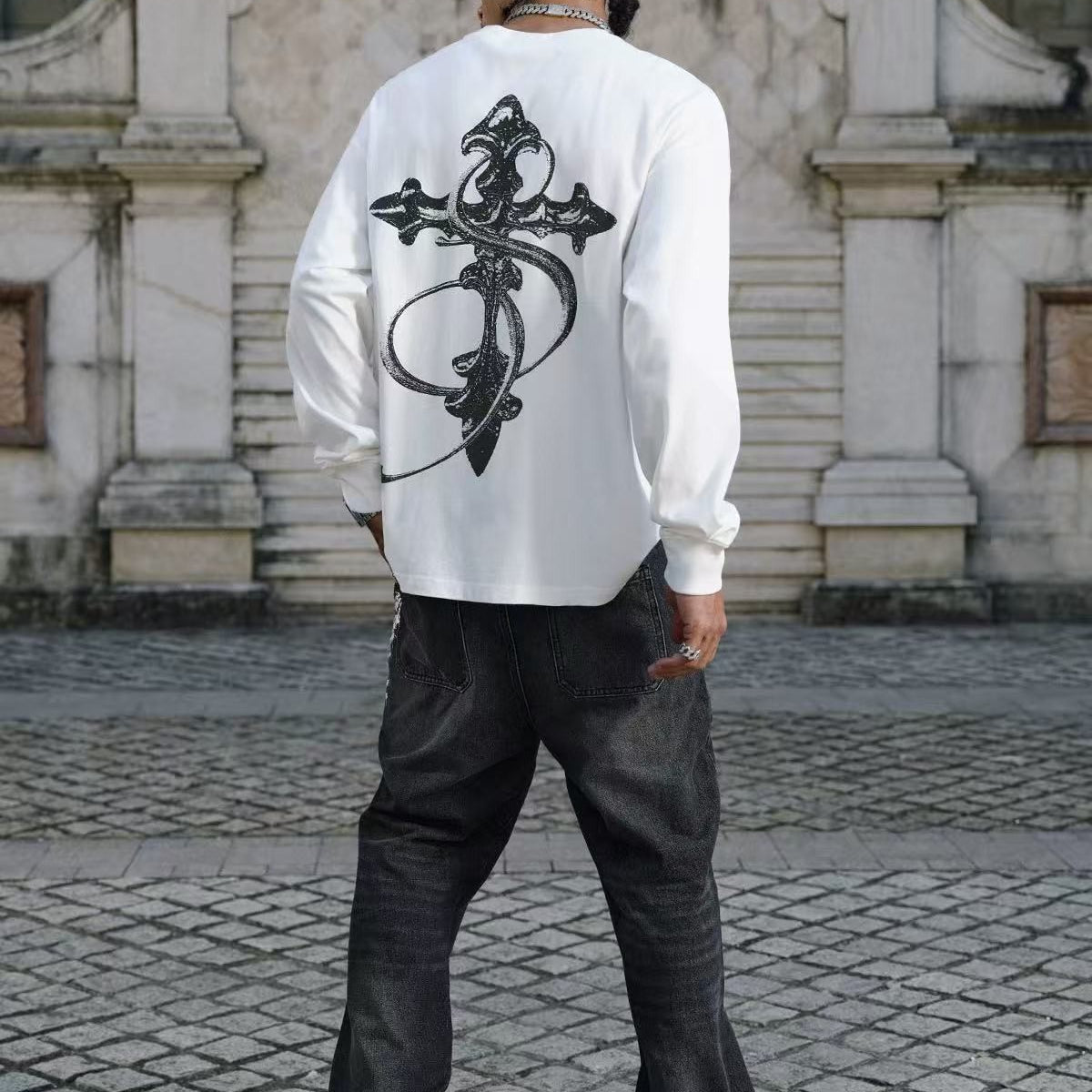 STK Vintage Black and White Cross Long-Sleeve T-Shirt