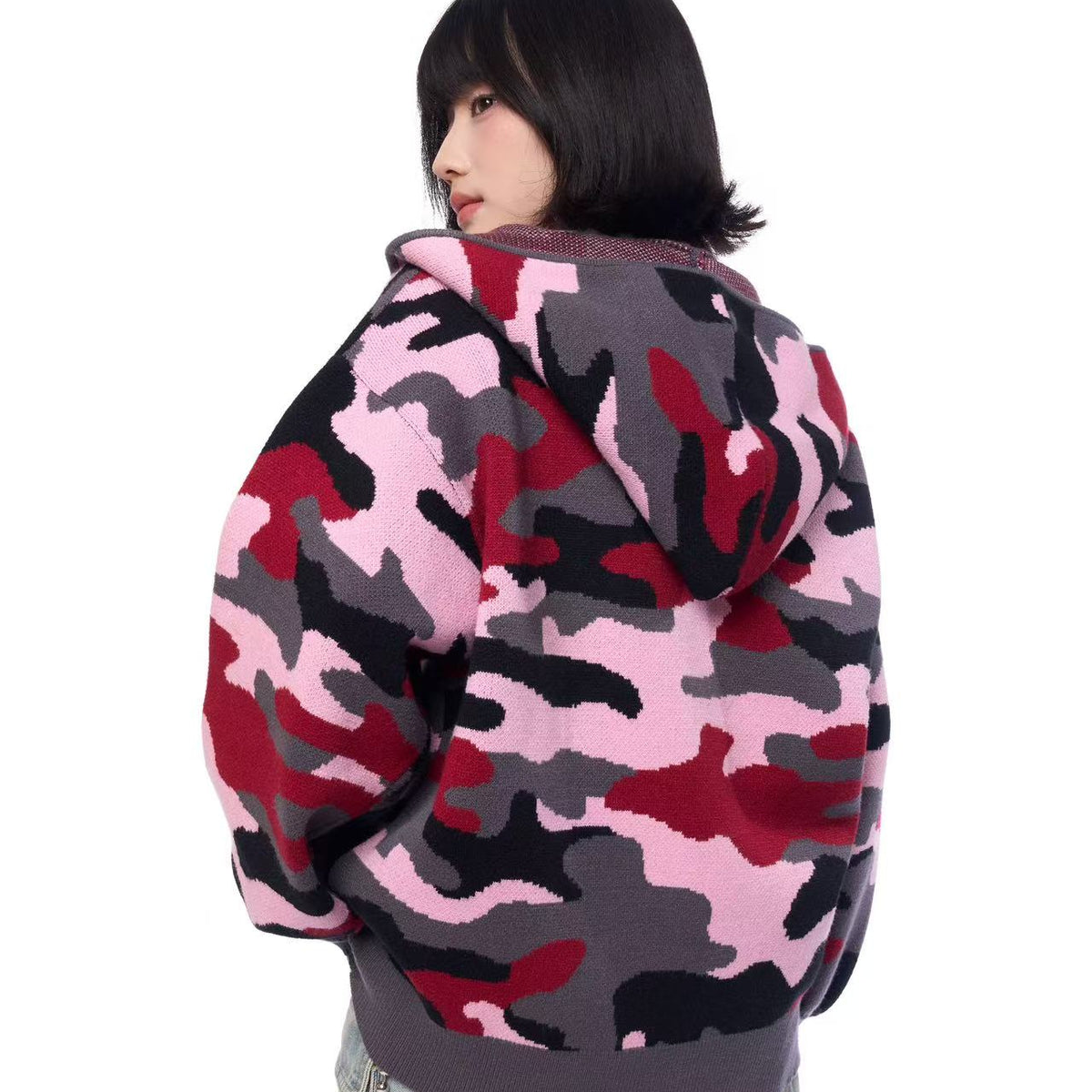 AFGK Pink Camouflage Hooded Cardigan Sweater
