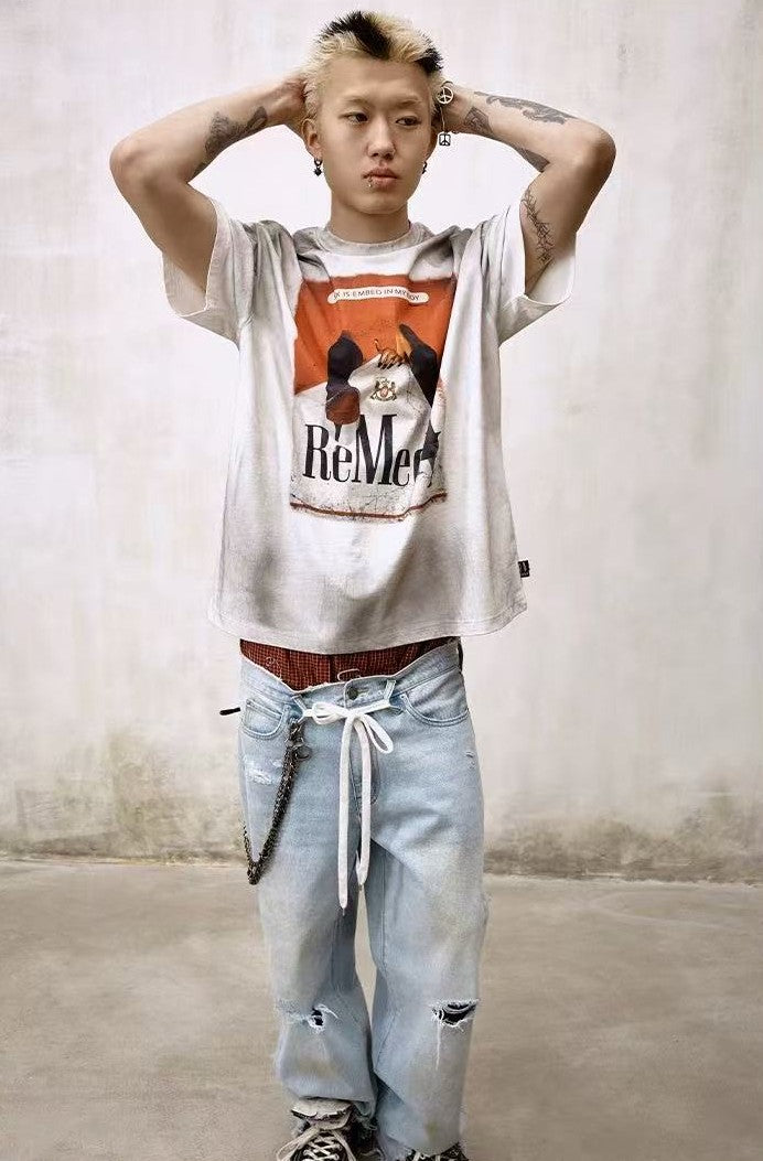 REMEDY Distressed Marlboro Design Short-sleeve T-Shirt