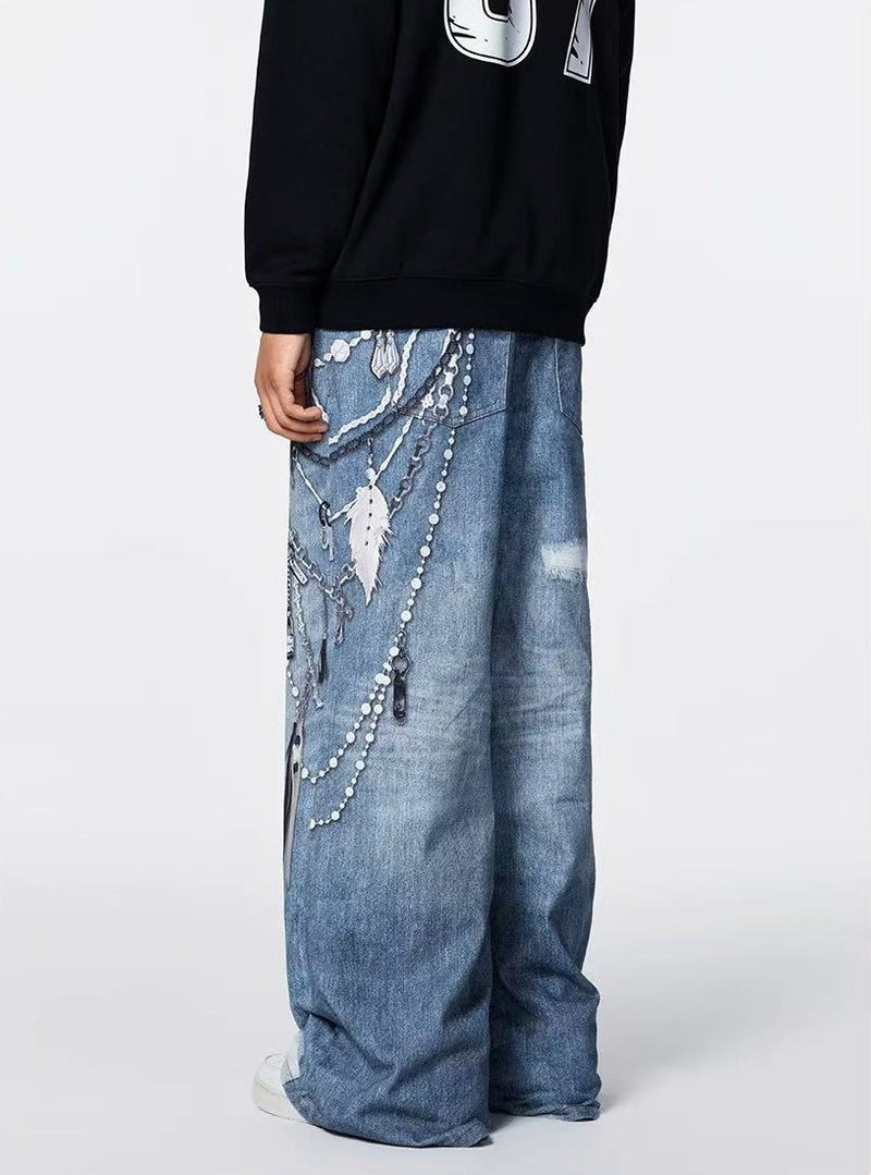 ACHOCK 3D Chain Printed Loose Jeans