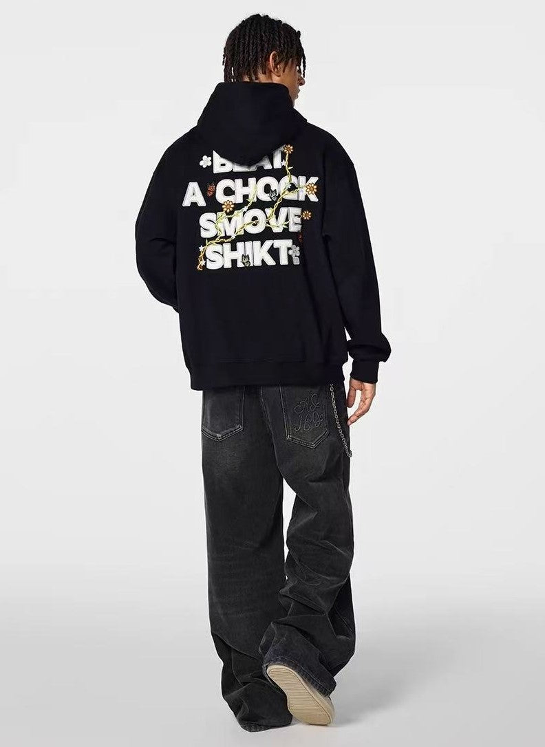 ACHOCK Floral Patch Embroidered Hooded Sweatshirt