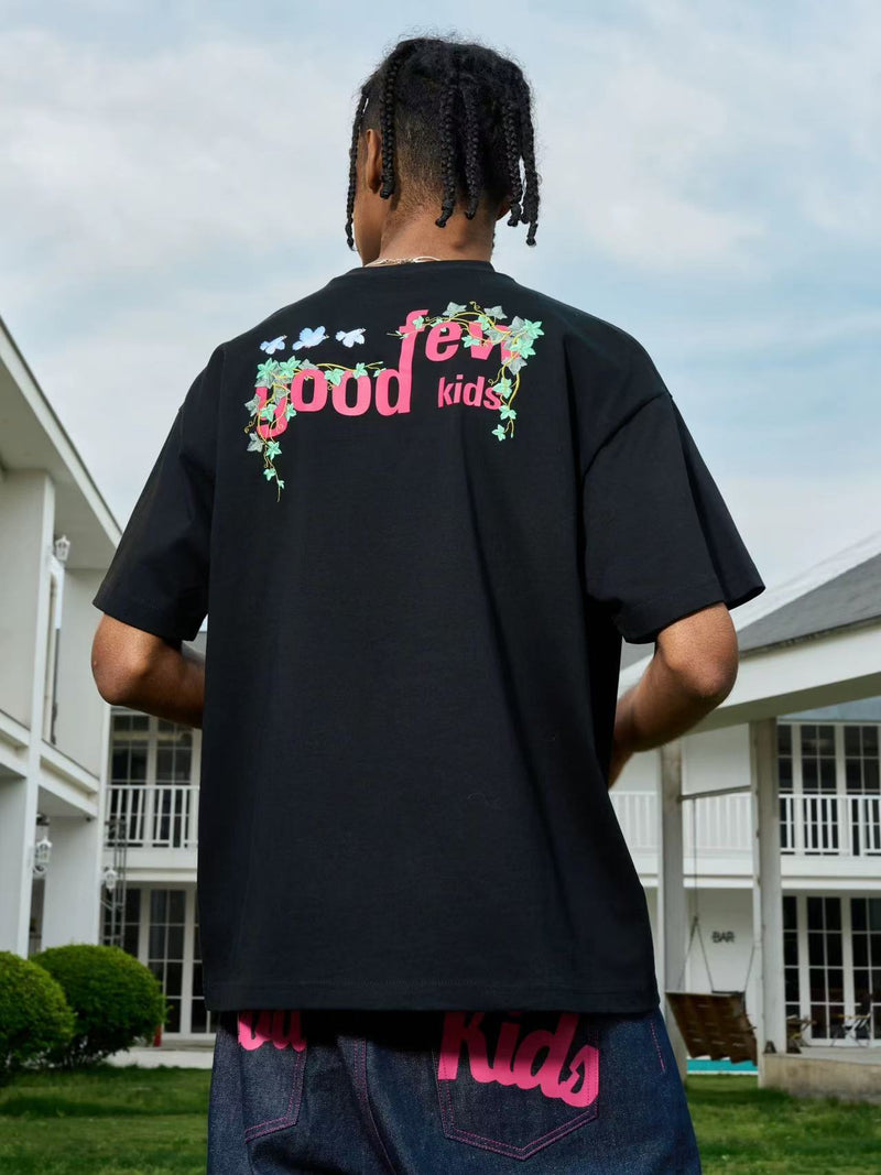 AFGK "Vine Garden" Rose Embroidered Short-sleeved T-shirt