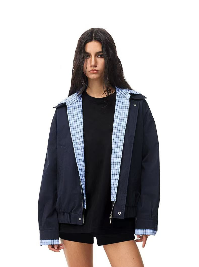 FDR Contrast Patchwork Plaid Fake Two-piece Jacket