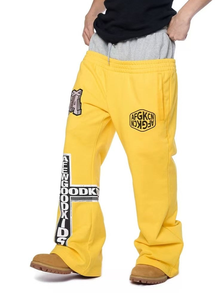 AFGK Fake Two Piece Double Waist Drawstring Bootcut Sweatpants