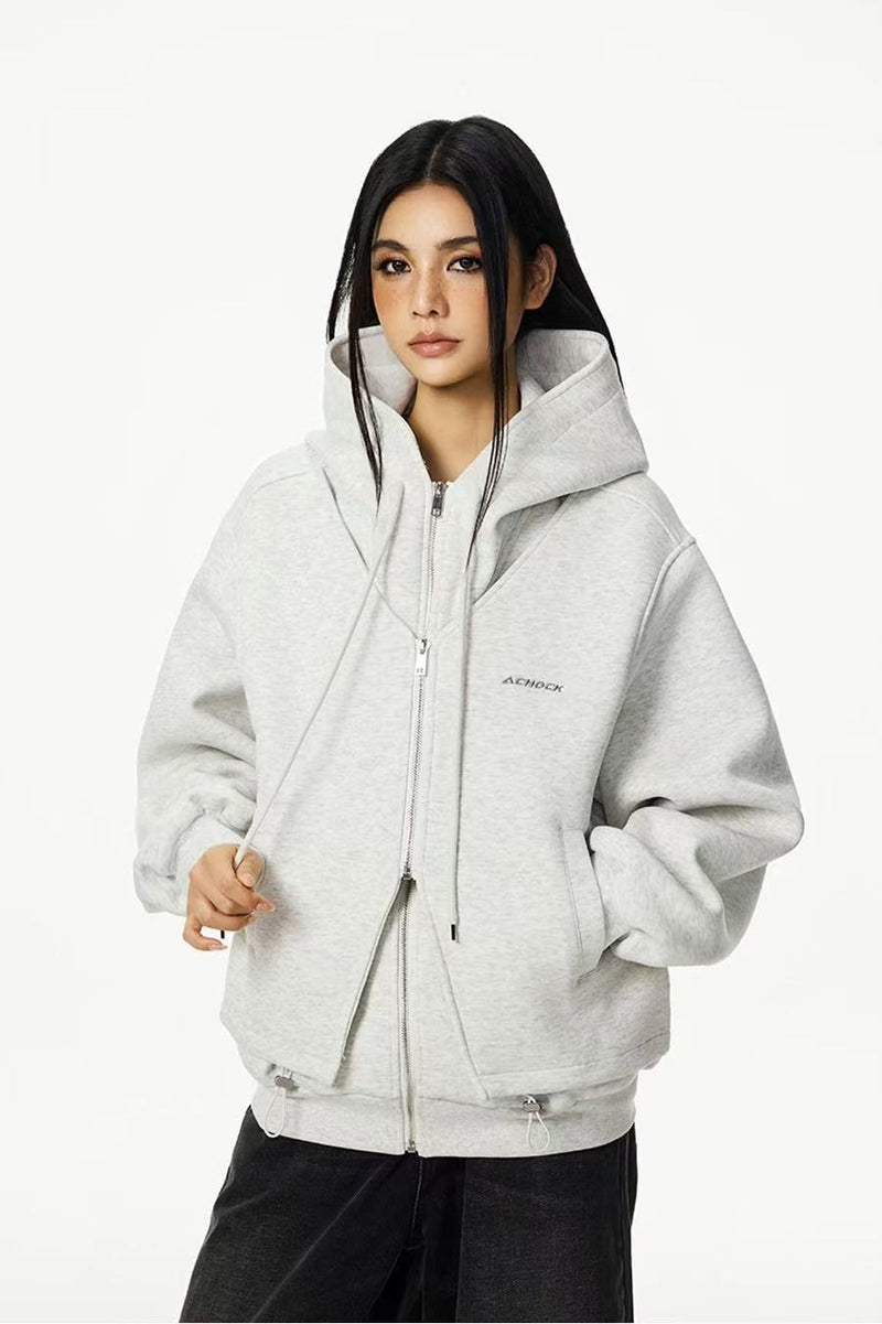 ACHOCK Double Zipper Air Layer Cardigan Hooded Jacket