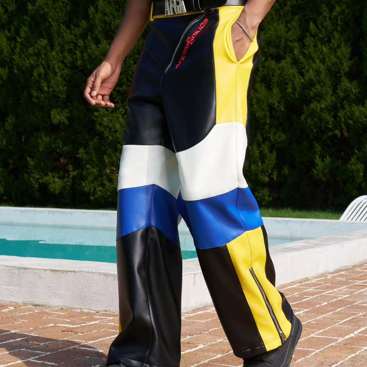 AFGK Street Black and Yellow Contrast Zipper Leather Pants