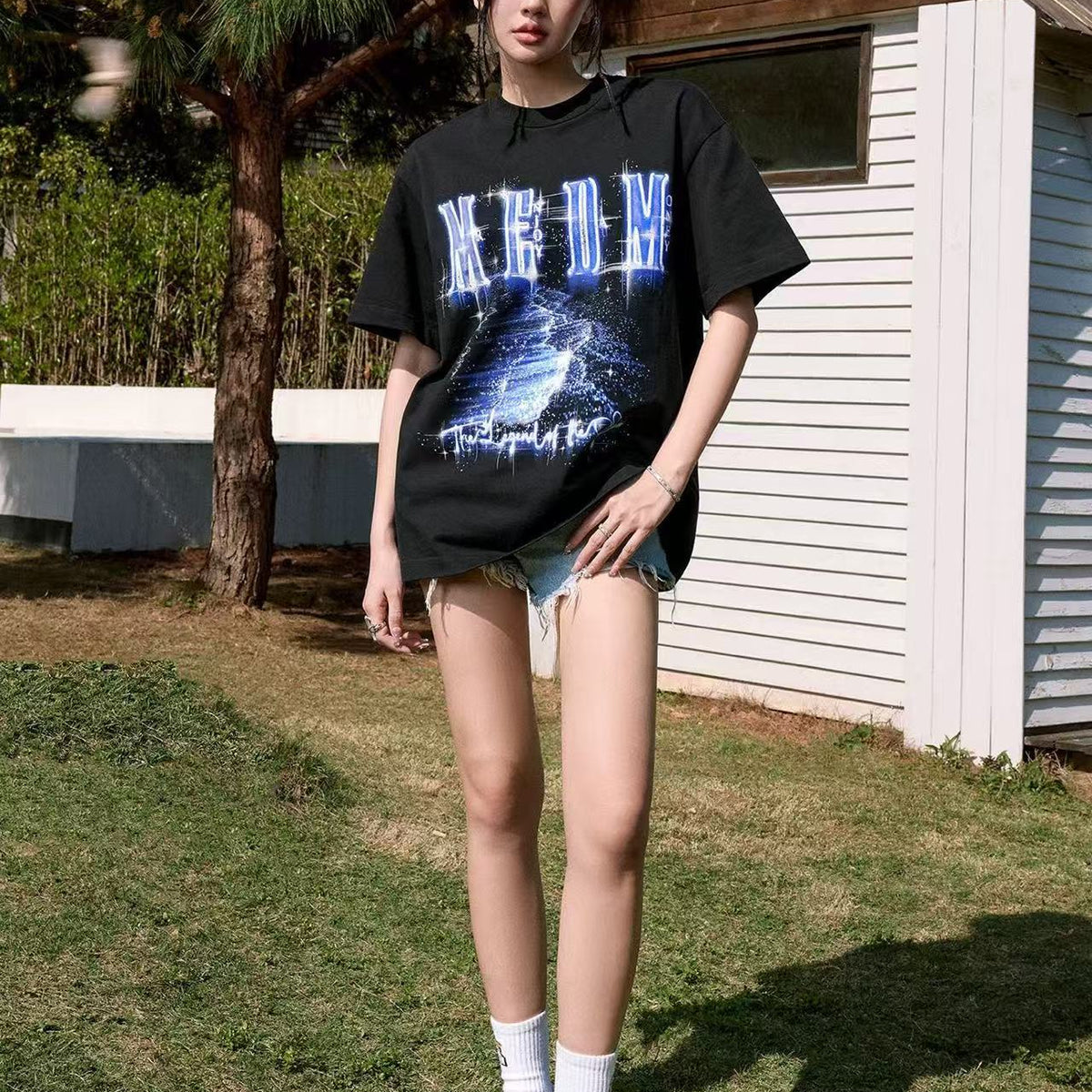 MEDM Heat-set Oil Printed Blue Tears Short-sleeved T-shirt