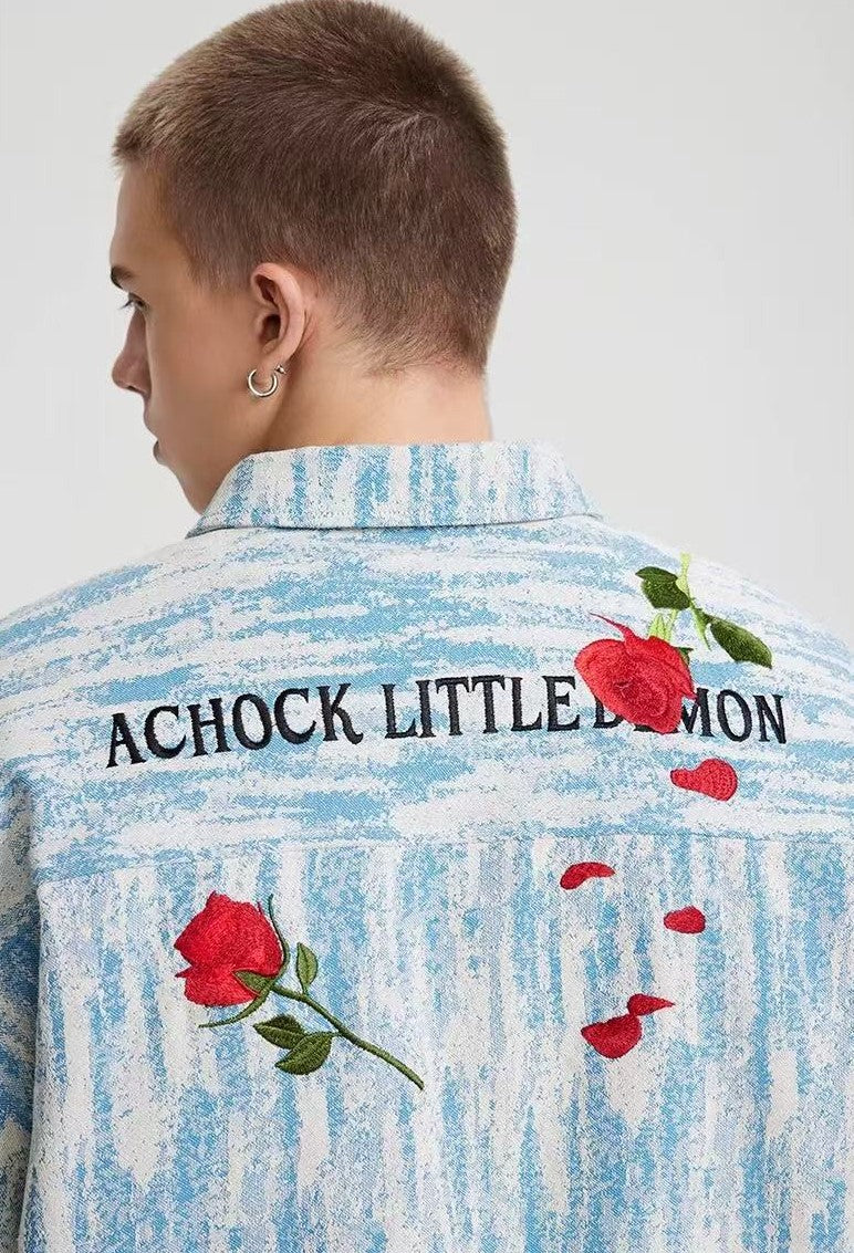 ACHOCK Rose Embroidery Washed Distressed Long-sleeve Shirt
