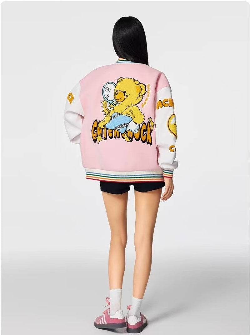 ACHOCK Crescent Bear Embroidered Baseball Jacket