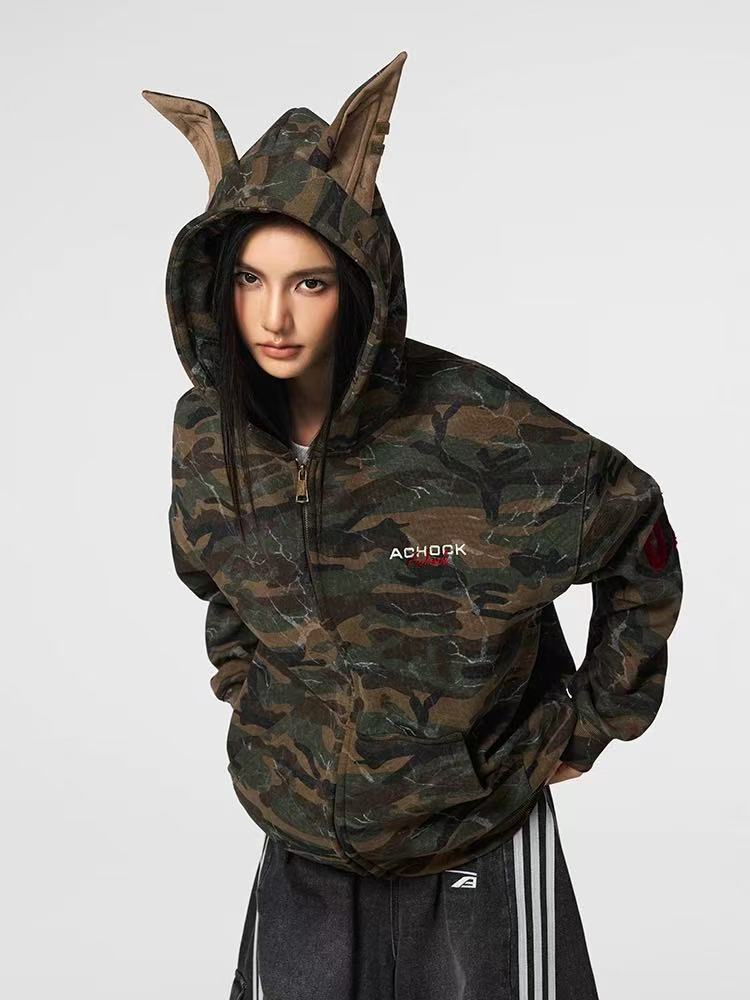 ACHOCK Camouflage Doberman Ear Hooded Fleece Cardigan Sweatshirt