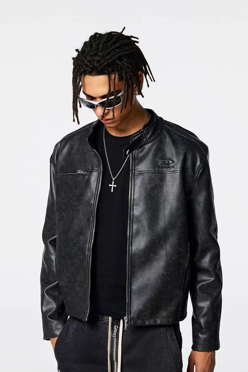 ACHOCK Stand Collar Slim Fit Leather Jacket