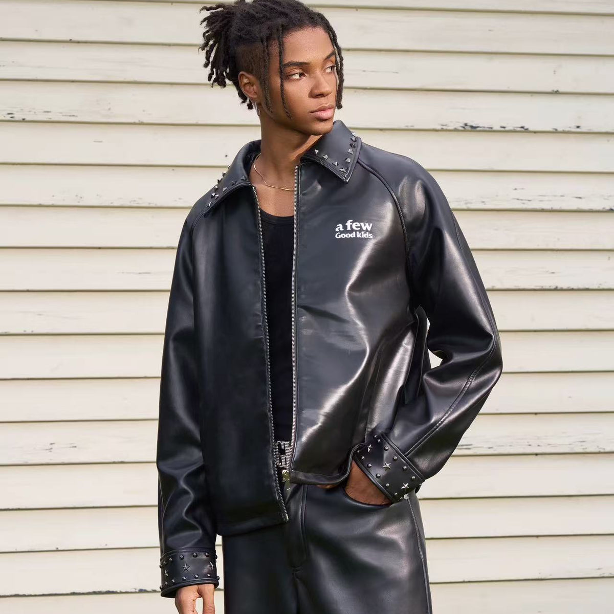 AFGK Glossy Studded Zippered Leather Jacket
