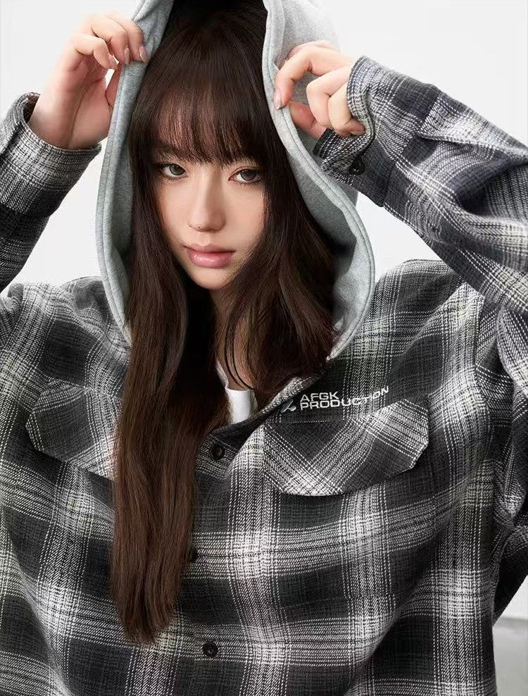 AFGK Vintage Plaid Hooded Long-sleeved Shirt