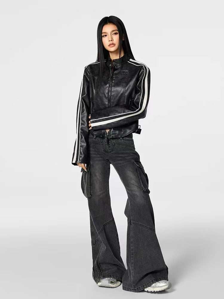 ACHOCK Leather Striped Motorcycle Jacket (For Women)