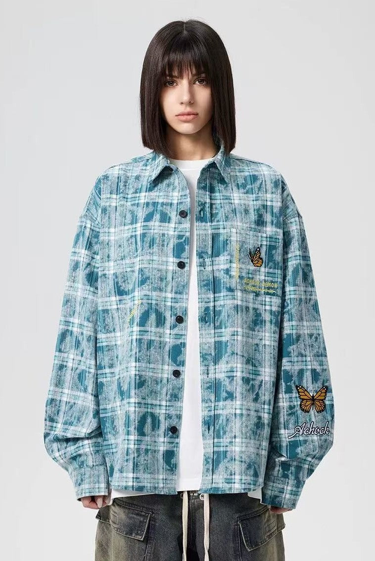 ACHOCK Washed Butterfly Embroidered Long-sleeved Shirt