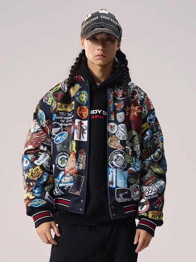 REMEDY Over Printed Badge Varsity Jacket