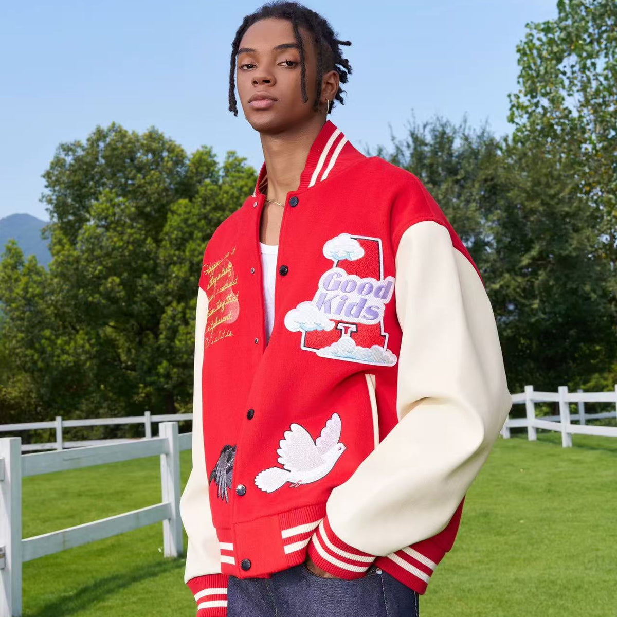 AFGK Dove Embroidered Baseball Jacket