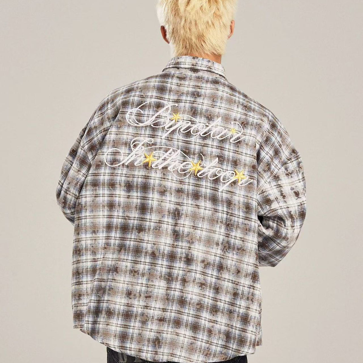 BIPOLAR Retro Floral Letter Embroidered Tie-dye Plaid Shirt