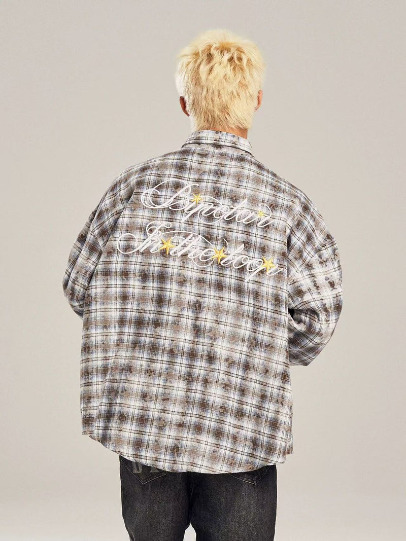 BIPOLAR Retro Floral Letter Embroidered Tie-dye Plaid Shirt