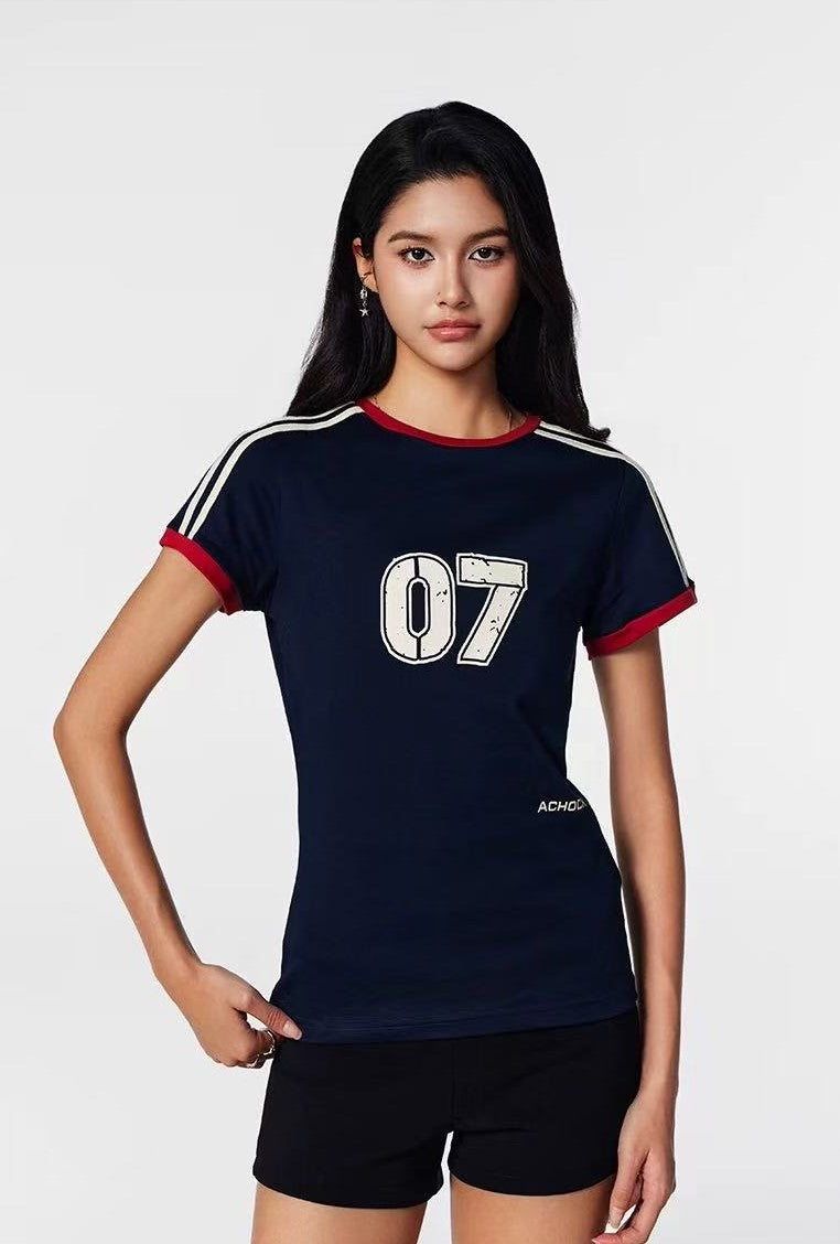 ACHOCK Retro Contrast Stripe Stitching Slimming Short-sleeved T-shirt (For Women)