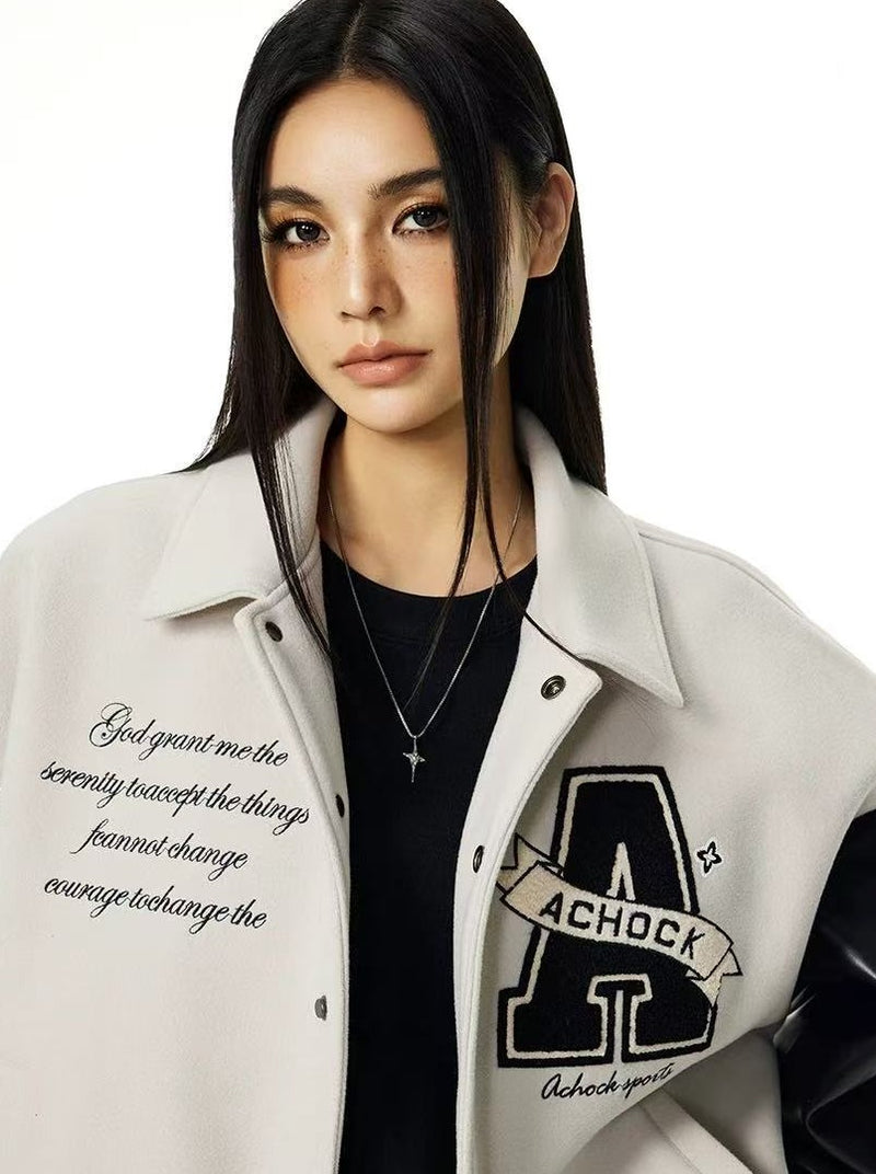ACHOCK Embroidered Lapel Vintage Baseball Jacket