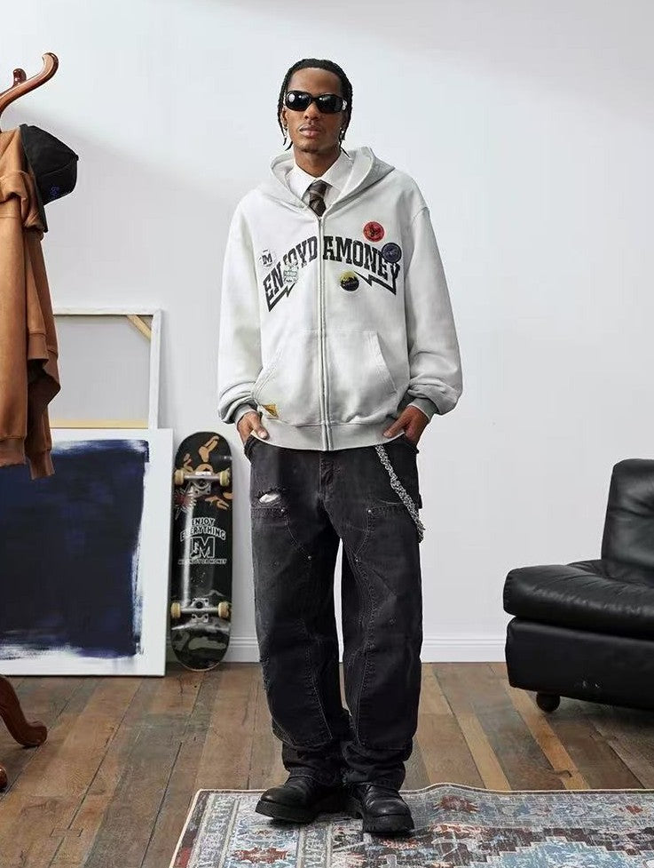 MEDM Hunting Theme Distressed Washed Zipper Hoodie