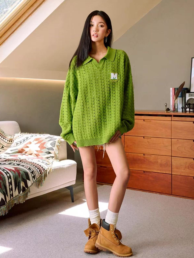 MEDM Hole Knit Long-sleeve Polo