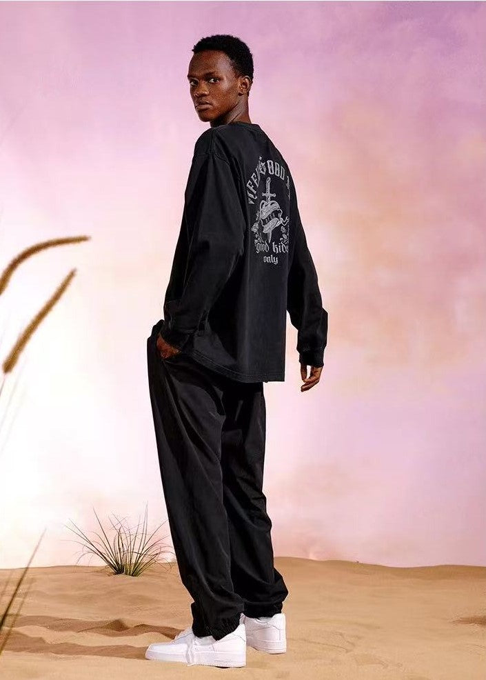 AFGK Sword and Rose Embroidery Washed Long-sleeved T-shirt