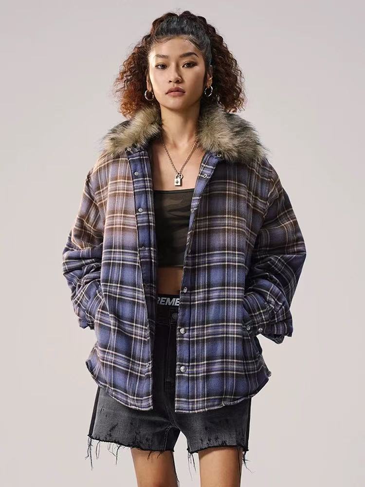 REMEDY Thickened Gradient Distressed Plaid Fur Collar Cotton Coat