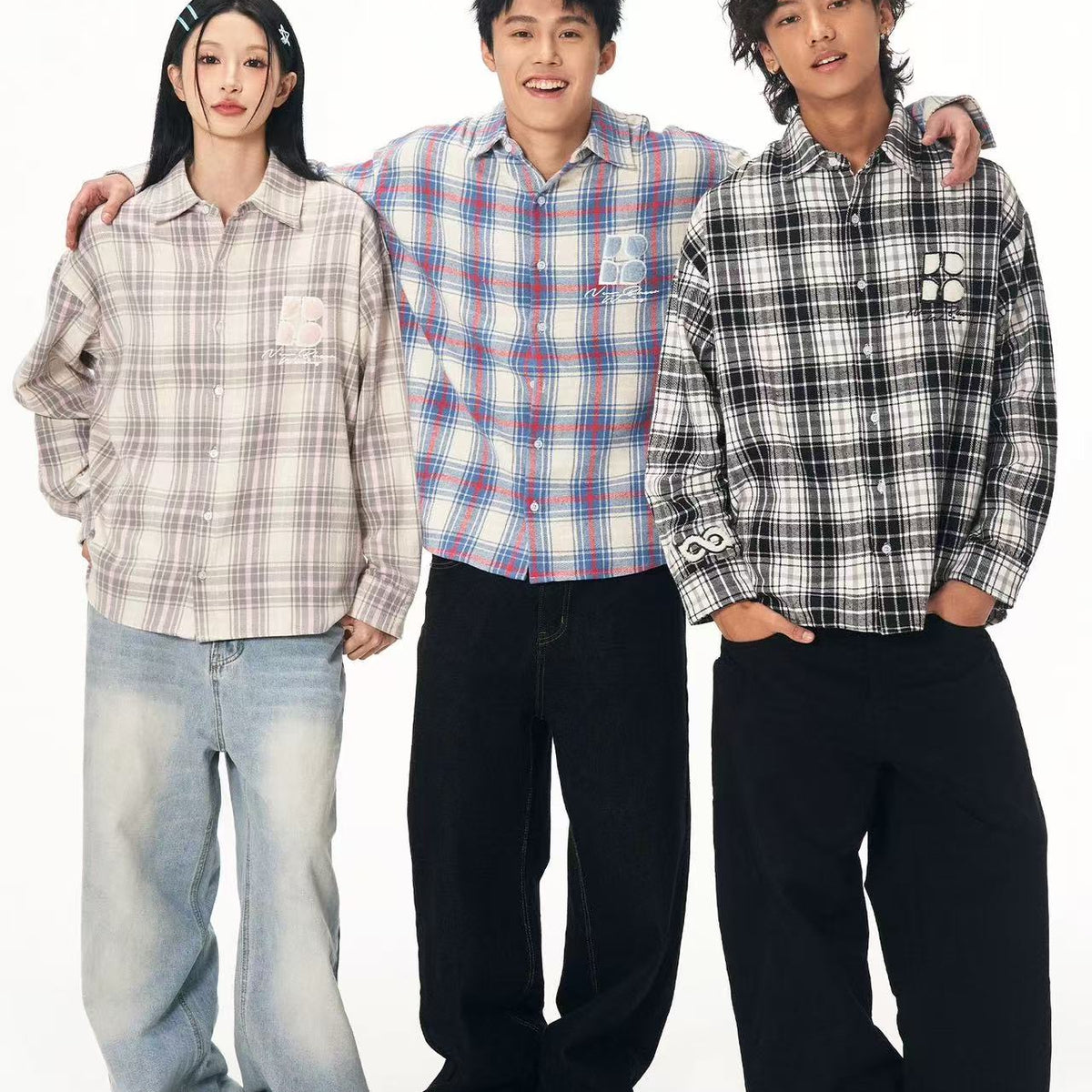 BIPOLAR Fleece patchwork Brushed Contrast plaid Tops