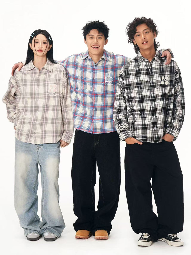 BIPOLAR Fleece patchwork Brushed Contrast plaid Tops