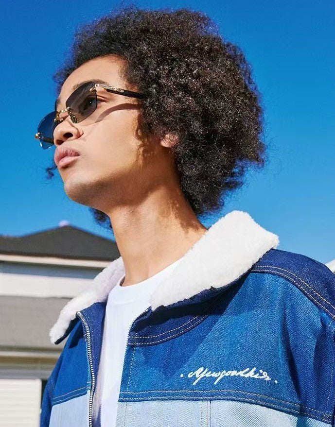 AFGK Spliced Fur Collar Denim Letter Embroidery Jacket